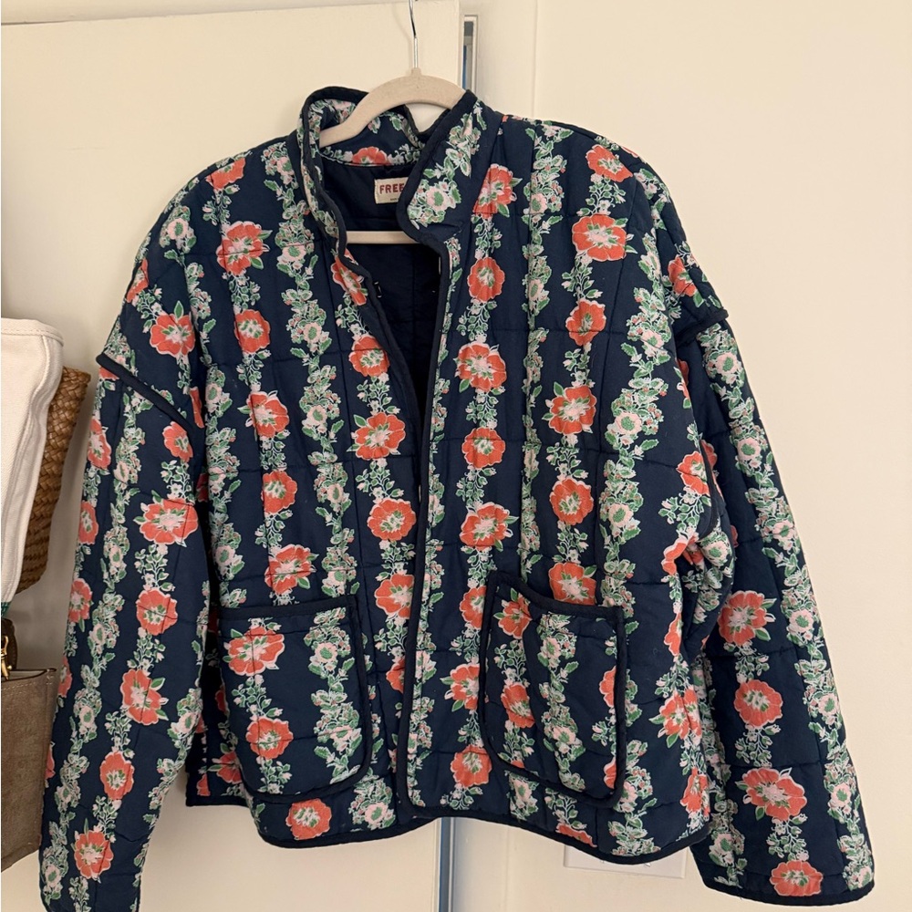 Free People Navy Floral Quilted Jacket MEDIUM